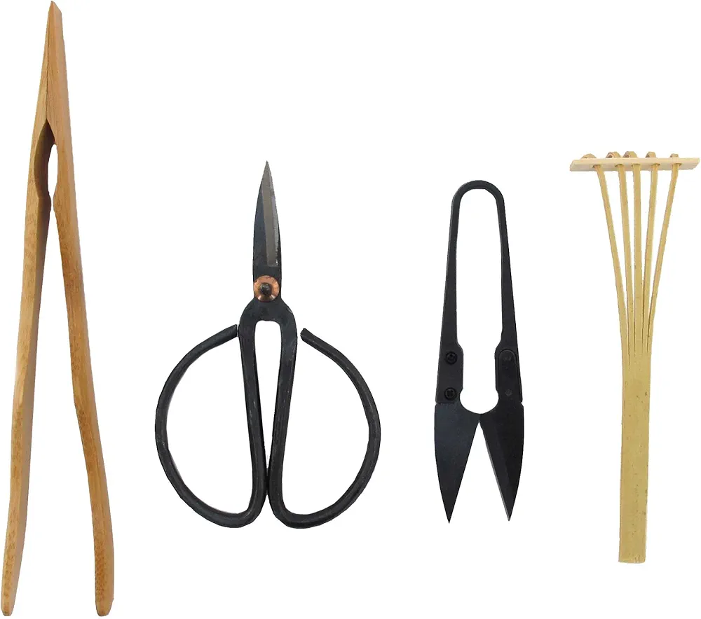 BambooMN Bonsai Tool Kit - Includes: Pruning Shears, Precision Scissors, Bamboo Rake, and Bamboo Branch Holder