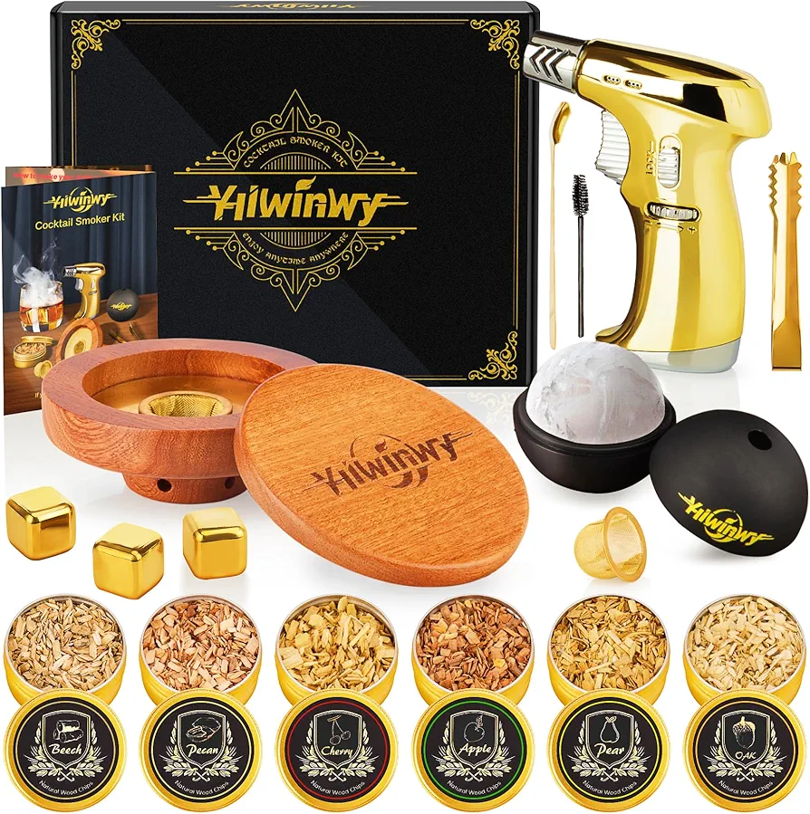 Cocktail Smoker Kit with Torch,Whiskey Smoker Kit with 6 Flavor Wood Chips,Drink/Bourbon/Old Fashioned Smoker Kit with Ice Ball Molds,Bourbon Whiskey Gifts for Men, Dad(No Butane)