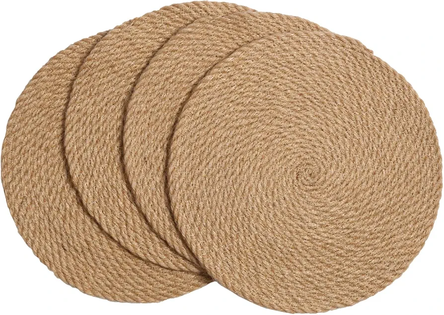 SHACOS 12 inch Round Placemats Set of 4 Natural Jute Straw Braided Placemat Boho Farmhouse Heat Resistant Place Mats for Hot Dishes Thick Table Mats Table Protection Decoration (Brown, 12 Inch)