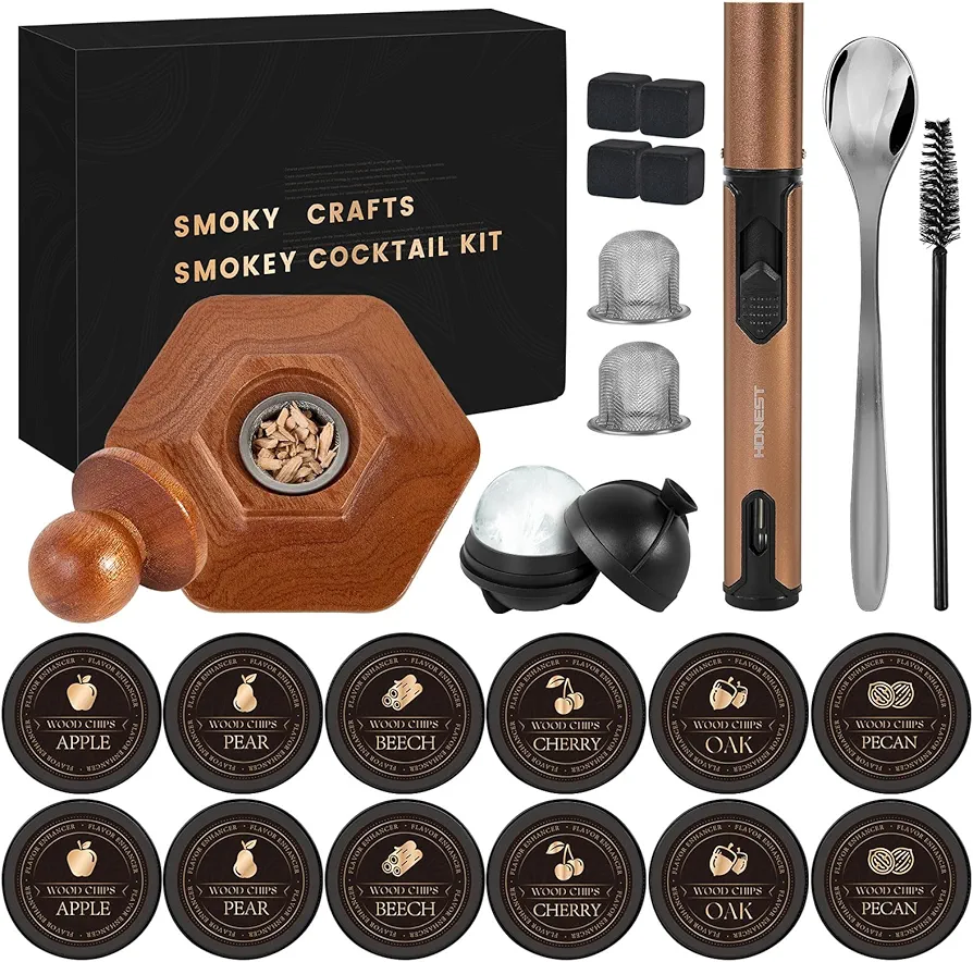 23 Pcs Whiskey Smoker Kit with Torch - 12 Wood Chips,Ice Ball Molds, Cocktail Smoker Infuser Kit，Old Fashioned Drink Smoker Kit, Birthday Bourbon Whiskey Gifts for Husband,Men,Dad