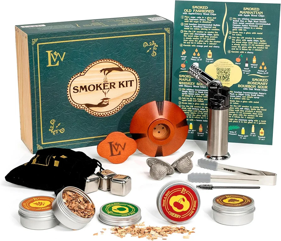 Whiskey Smoker Kit with Torch – Natural Wood Box, 2 Metal Filters, Whiskey Stones – Old Fashioned Cocktail Smoker Kit, Men Birthday Gift Ideas, Gifts for Dad, Husband, Women, Mom (No Butane)