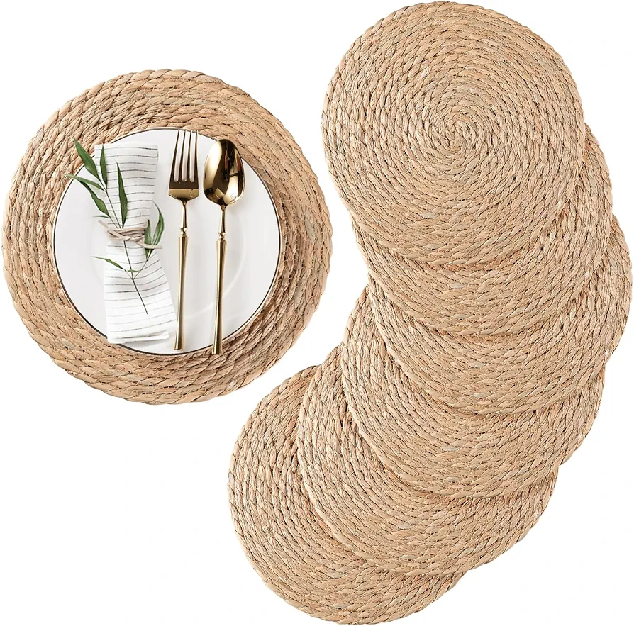 Round Woven Placemats Set of 6, Natural Water Hyacinth Place mats, 12 inch Rattan Placemats Wicker Placemats Farmhouse Boho Braided Heat Resistant Outdoor Placemat Patio Table Place Mats