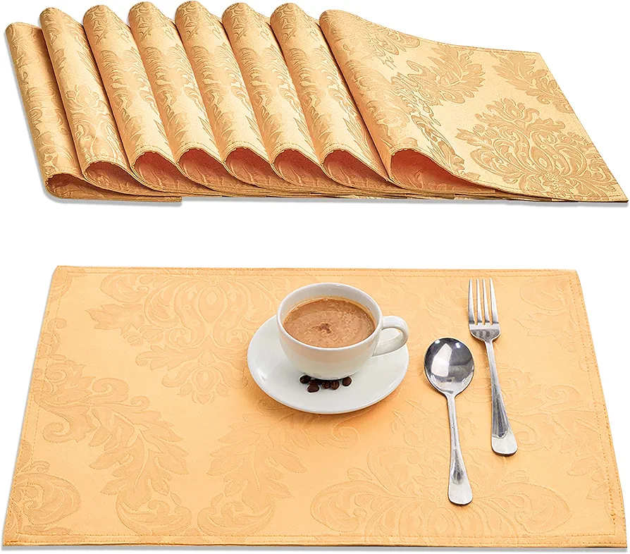 Place Mats Set of 8 – Rectangle Rectangular Waterproof Fabric Polyester Cloth Washable Wipeable Heat Resistant Placemats for Kitchen Dining Dinner Table Indoor 13 X 19 Inch Gold