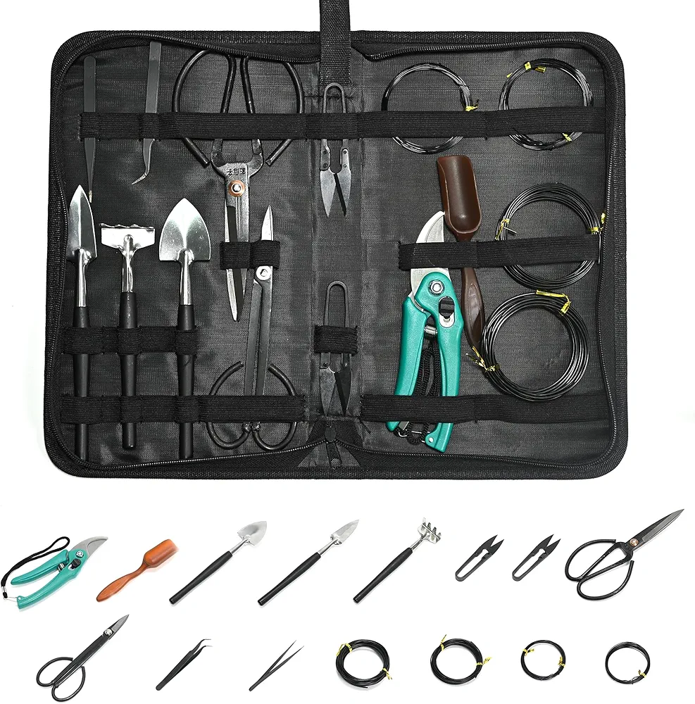 16-Piece Bonsai Tree Kit, Bonsai Tool Set, Bonsai Starter Kit, Carbon Steel Scissors Cutter Shears, Stainless Steel Rake Shovel, Perfect Gardening Trimming Pruning Tools