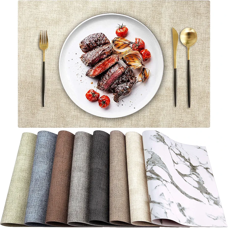 Leather Heat Resistant Placemats Set of 6 Waterproof Wipeable Washable PU Table Mats,Easy to Clean Anti-Slip Place Mats (Beige, 6)