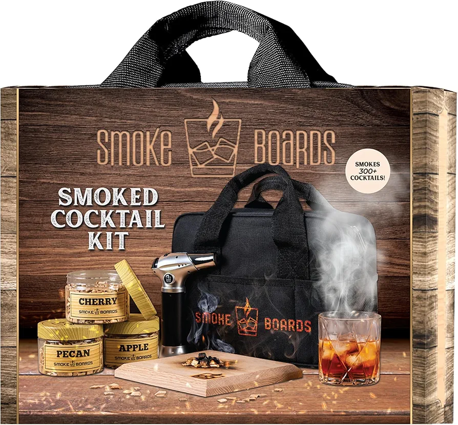 Cocktail Smoker Kit with Torch for Smoking Bourbon Whiskey Cocktails 7 Piece Old Fashioned Smoker Kit with Carrying Case Includes a Handcrafted White Oak Smoking Board with 3 Different Wood Chips