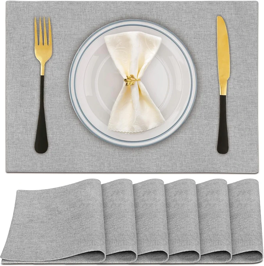 Linen Cloth Double Layers Placemats, Cotton Woven Placemats Set of 6, Kitchen Table Farmhouse Decor Heat Resistant Table Mats, Outdoor Indoor Square Fabric Place Mats Can be Washable (Light Gray)