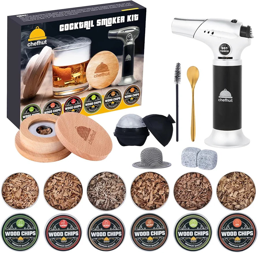 Cocktail Smoker Kit with Torch – 6 Flavors Wooden Chips 1 Ice Mold, Spoon & Accessories Whiskey Smoking Old Fashioned Drink Smoker Infuser Kit, Bourbon Gifts for Men (No Butane)