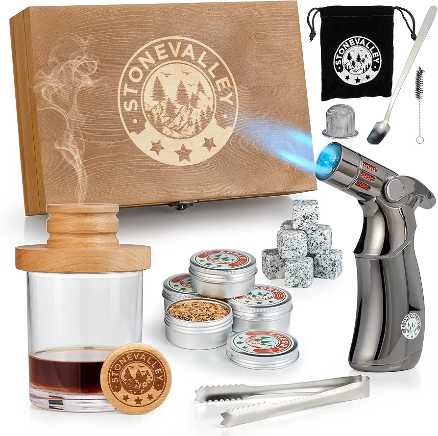 Cocktail Smoker Kit with Torch - Old Fashioned Whiskey Smoker Infuser Set, 4 Flavored Wood Chips, Torch, Recipe Book, Whiskey Stones - Bourbon Gifts for Men, Husband, Dad – Smoked Cocktail, No Butane