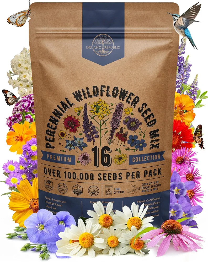 Organo Republic 16 Perennial Wildflower Seeds Mix for Indoor & Outdoors. 100,000+ Non-GMO, Heirloom Wildflower Garden Seeds, 4oz Packet for Growing Wild Flowers to Attract Bees, Butterflies & Birds