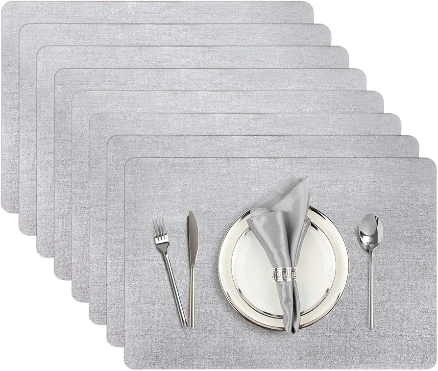 AIRCOWRIE Placemats for Dining Table Set of 8, Heat-Resistant Placemat Washable Vinyl Table Mats for Kitchen Thanksgiving Restaurant Decorations (Silver)