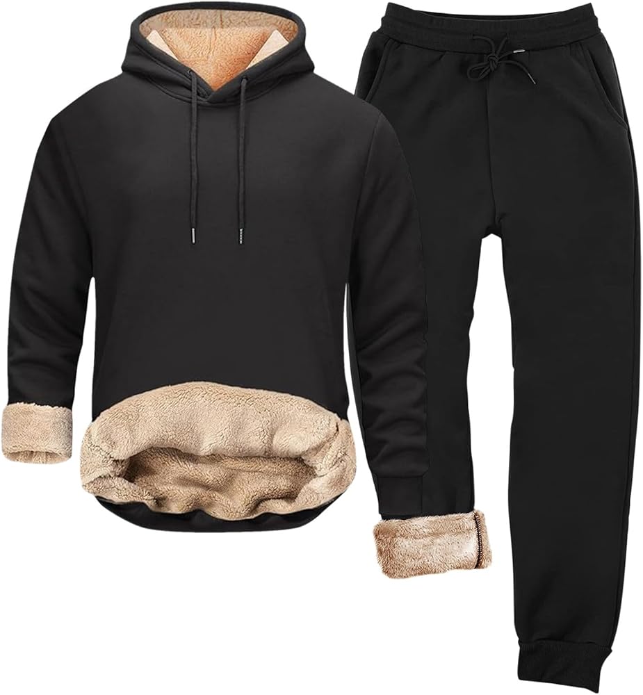 Mens Sweatsuit Sherpa Lined 2 Piece Hooded Sweatshirts Set Pullover Tops Fleece Sweatpants Winter Thermal Tracksuits