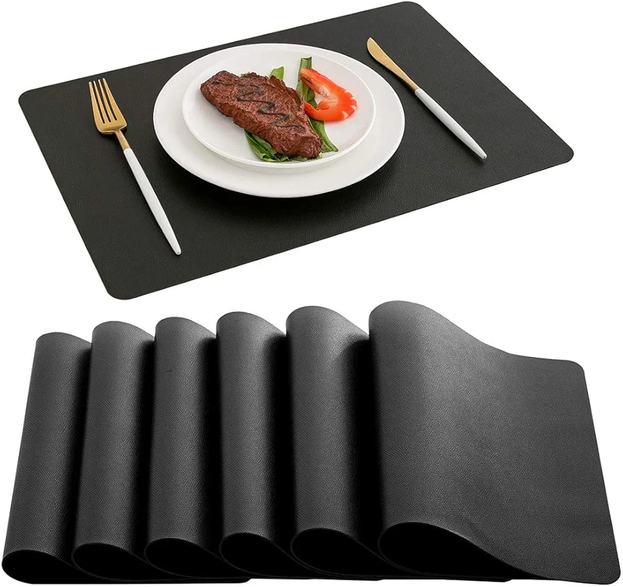 DOLOPL Placemats Set of 6, Black Waterproof Faux Leather Heat Resistant Mats for Kitchen Dining Room Table Decorations, Anti Slip Dining Table Place Mats for Indoor & Outdoor Use