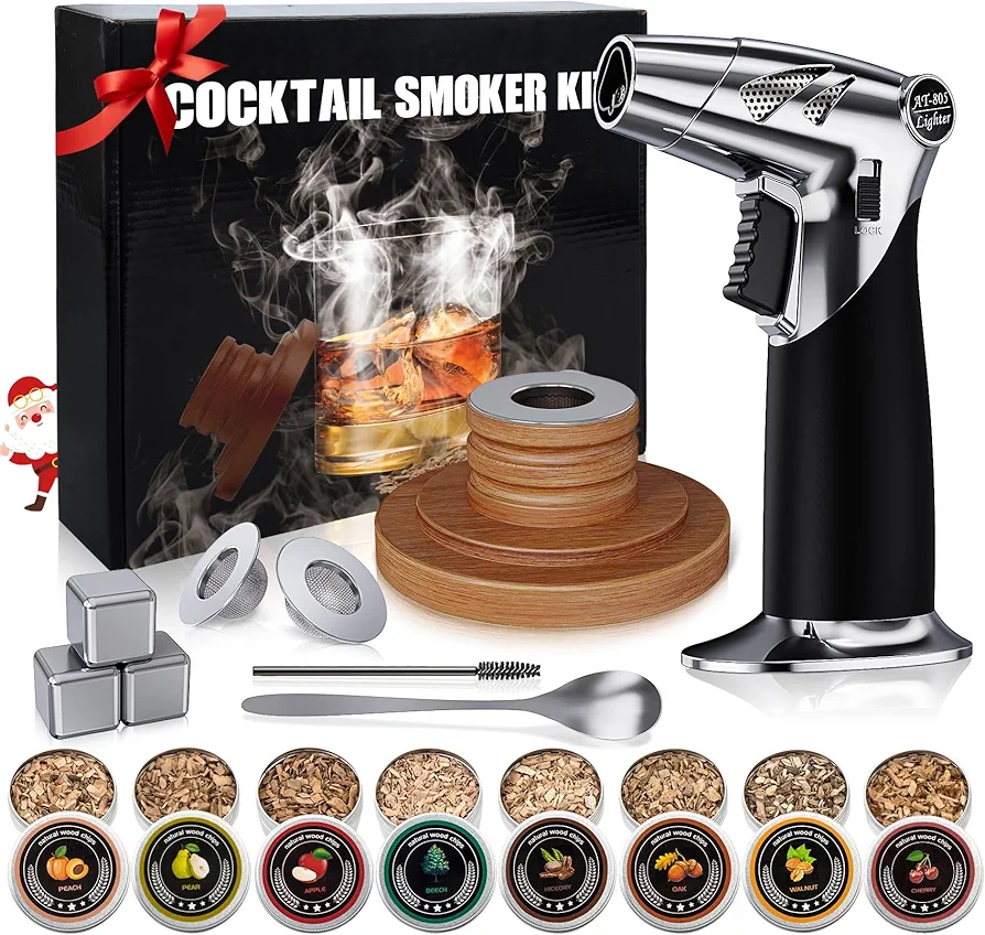 Cocktail Smoker Kit with Torch Old Fashioned Smoker Kit Whiskey Smoker Kit with 8 Flavors Wood Chips Food Drink Smoker Infuser Kit Bourbon Smoker Kit Whiskey Christmas for Men Dad Husband No Butane