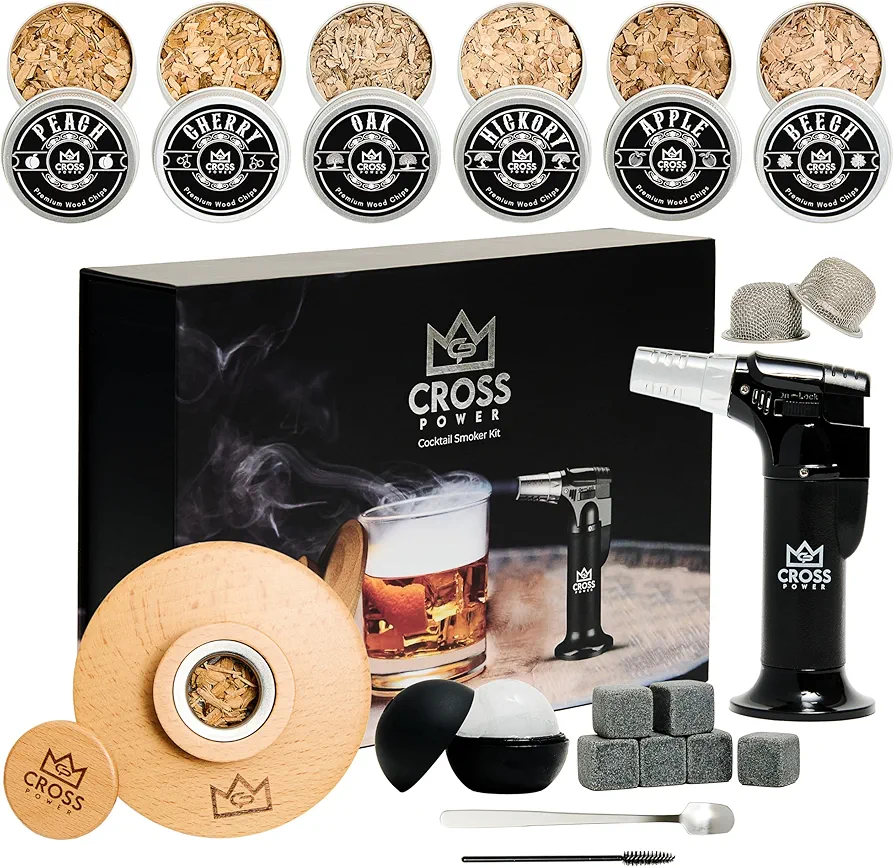 Whiskey Smoker Kit - Premium Cocktail Smoker Kit with Torch, 6 Flavors of Wood Chips, Whiskey Stones, Filters, Durable Old Fashion Smoker Kit, Ideal for Whiskey Lovers (No Butane)