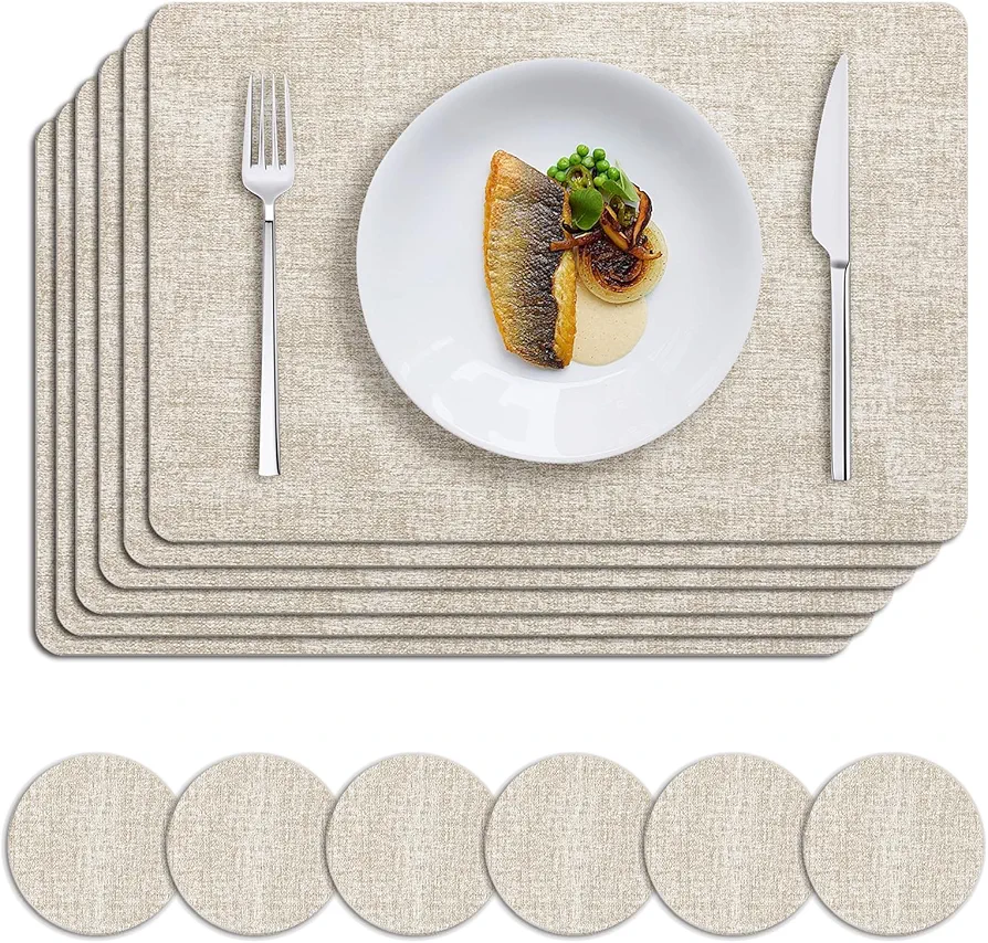 MOSAYT Faux Leather Placemats Set of 6, Heat Resistant Wipeable Washable Vinyl Place Mats with Coasters, Waterproof Oil Proof Table Mats for Kitchen Dining Party Indoor Outdoor, 12" x 18", Beige