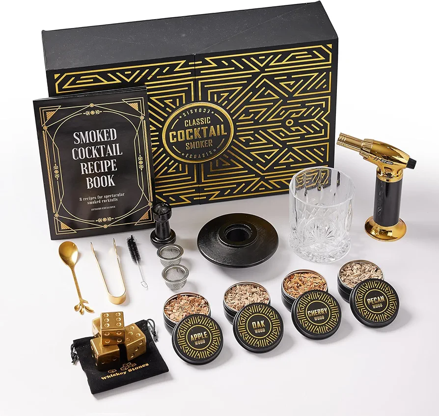 Cocktail Smoker Kit with Torch and Whiskey Glass, 20-Piece Smoker Set for Old Fashioned Bourbon Scotch Cocktails, Smoke Infuser Top for Drinks, Premium Birthday Gifts for Men, Dad, Husband (No Butane)