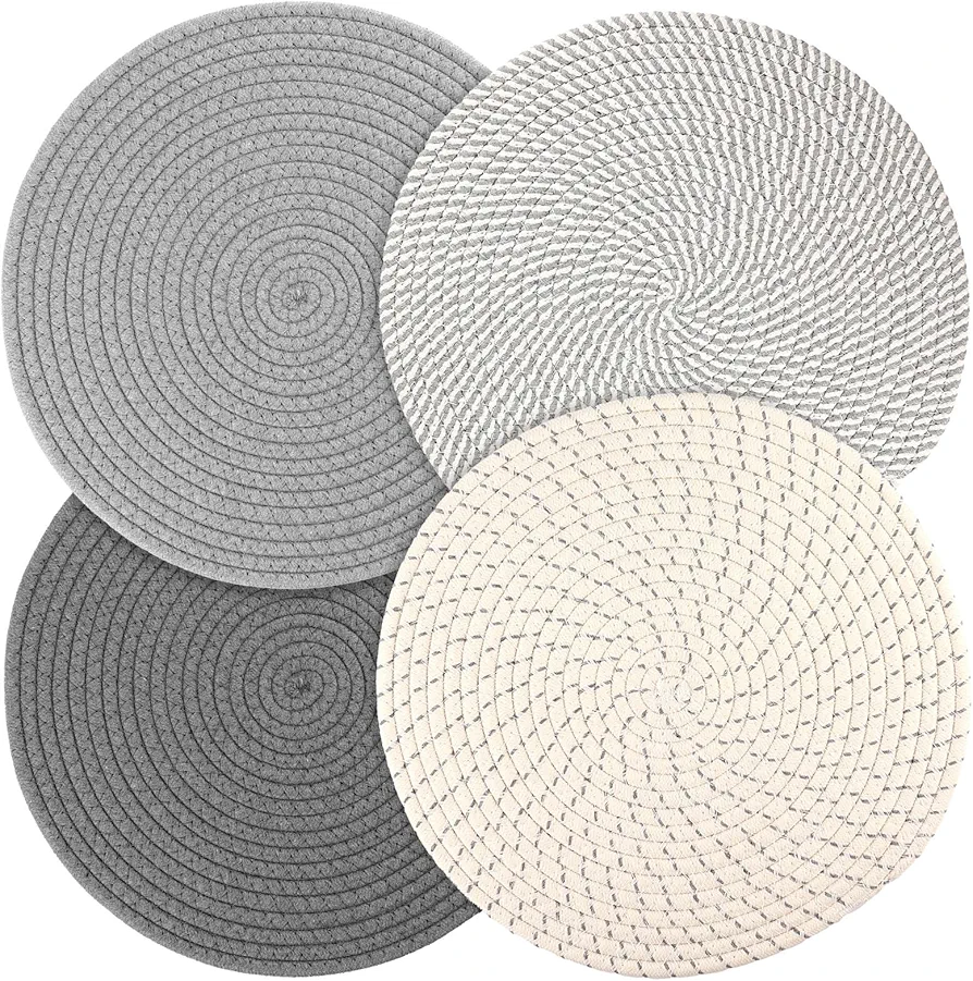 Billbotk Round Woven Placemats Set of 4, 13 Inches Kitchen Table Place Mats for Dining Table, Trivets for Hot Pots and Pans, Boho Table Decorations for Table Setting, Tabletop Accessories