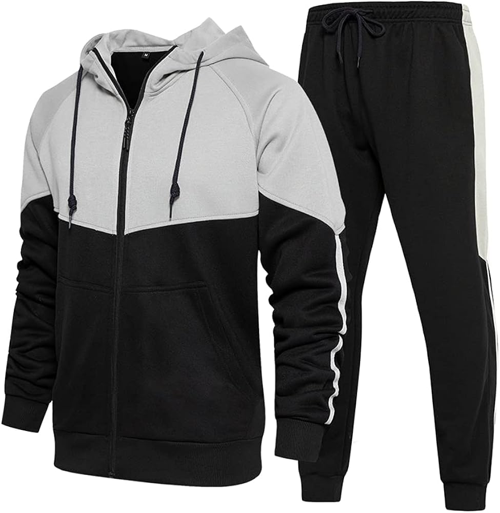 Men's Hooded Athletic Tracksuit Sweatsuit Long Sleeve Full-Zip Jogging Sweatpants 2 Piece Patchwork Sportsuits