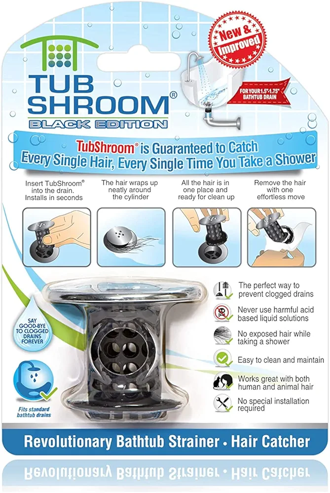 TubShroom Tub Drain Hair Catcher, Black Chrome – Protector and Catcher for Bathroom Drains, Fits 1.5” 1.75” Bathtub Shower Drains