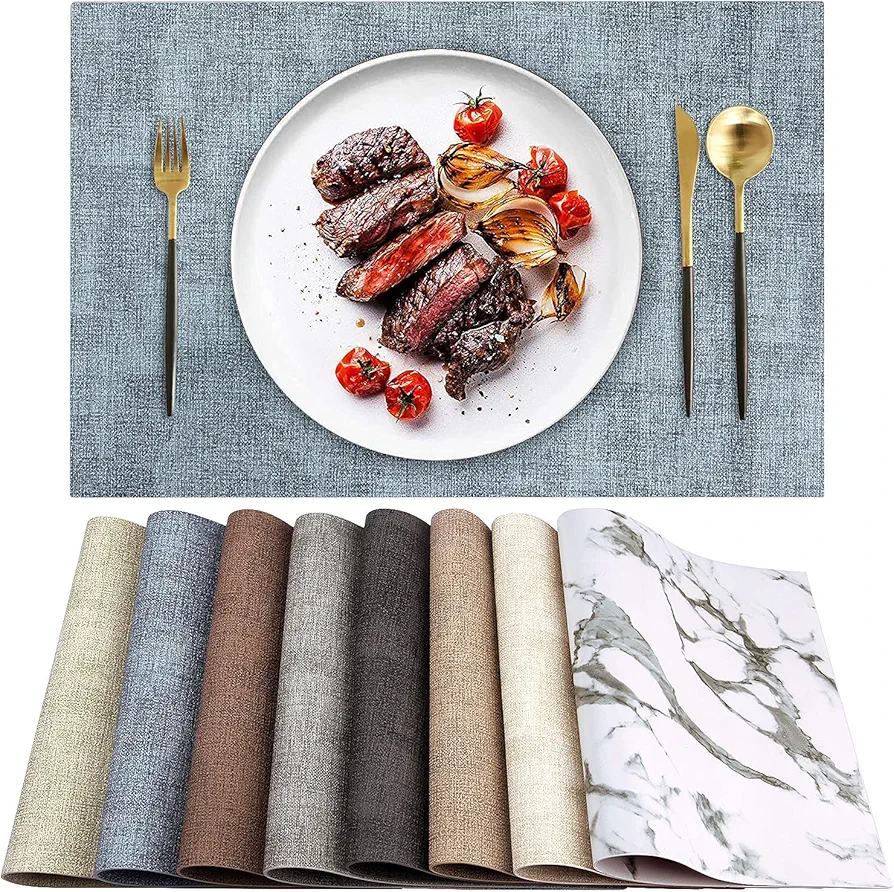 Leather Heat Resistant Placemats Set of 6 Waterproof Wipeable Washable PU Table Mats,Easy to Clean Anti-Slip Place Mats (Blue, 6)