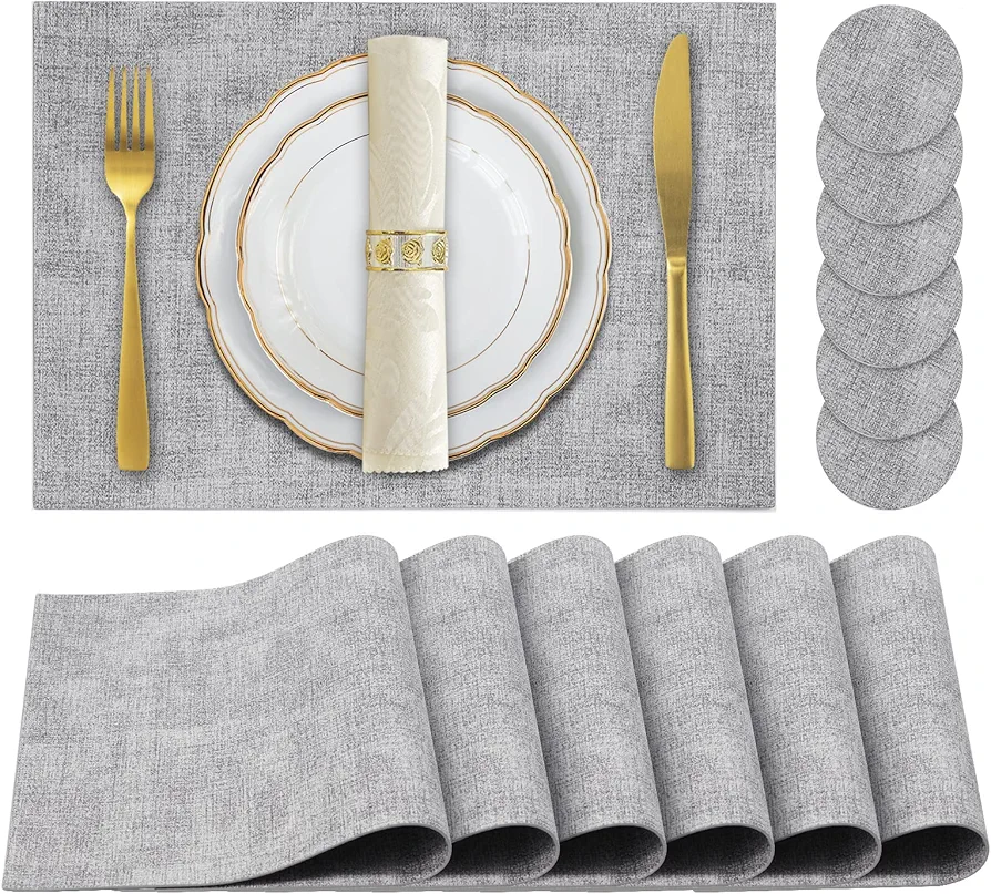 Faux Leather Placemats Set of 6,Heat Resistant Placemats for Dining Table, Easy Clean Non-Slip Place Mats, Waterproof Stain Resistant Wipeable Washable PU Table Mats, (Light Grey)