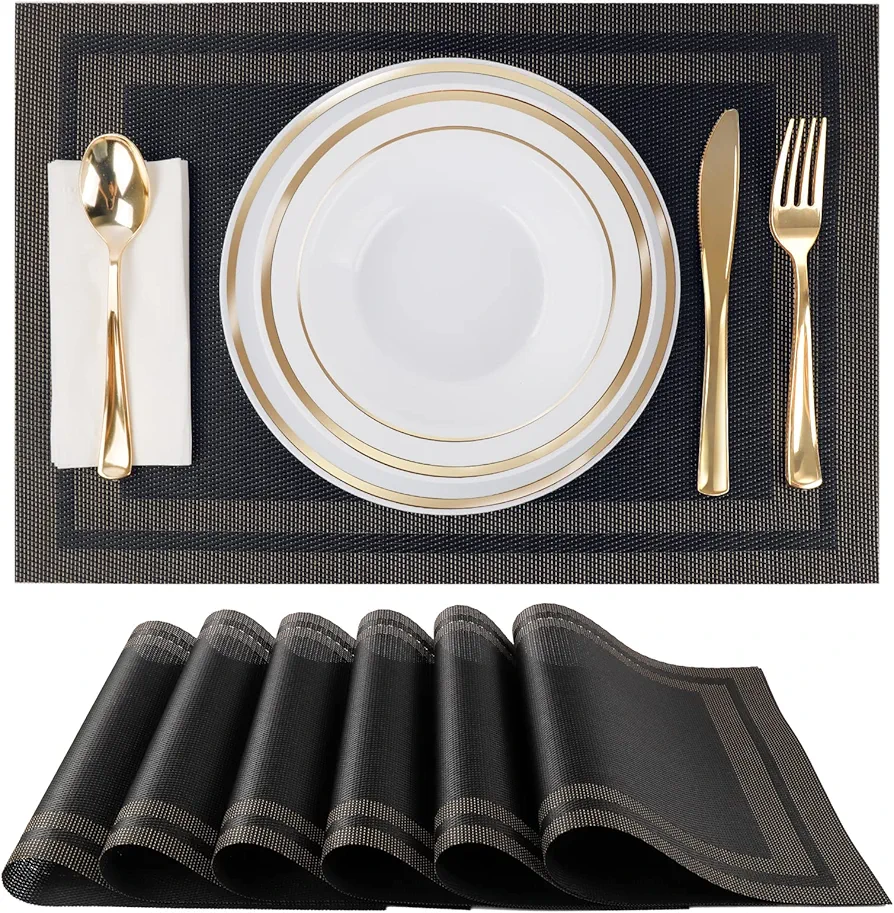 FGSAEOR Placemats,Table Place Mats for Kitchen Dining, Heat-Resistant Anti-Skid Stain Washable PVC Table Mats, Easy to Cleaning Woven Vinyl Dinner Mats (Black, 6 Pack)