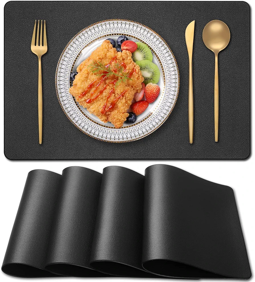 PVC Heat Resistant Placemats Set of 4, Waterproof Wipeable Floor Place Mats, Non-Slip Easy Clean Table Mats for Kitchen Table Decor, 12x18 Inch (Black)