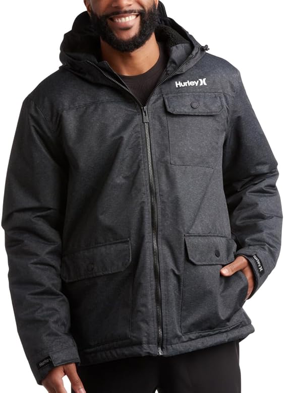 Hurley Men's Winter Jacket - Warm Sherpa Lined Outdoor Jacket with Multiple Pockets - Men's Zip Up Hooded Ski Jackets (S-XL)