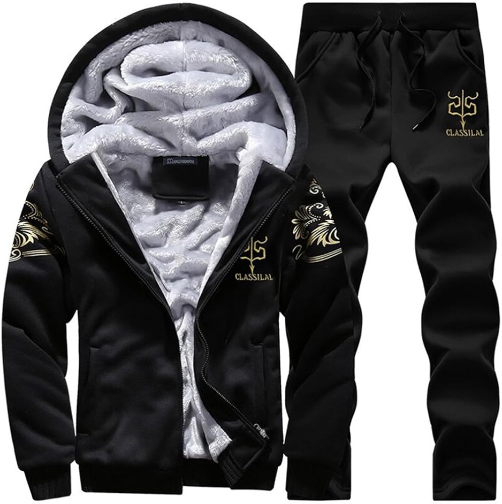 MANTORS Men's Tracksuit Winter Soft Hooded Fleece Sweatsuits Warm Pullover Coats 2 Pieces Outfits Set