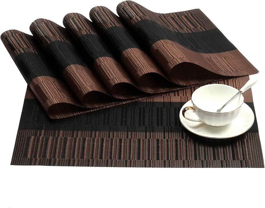 SHACOS Placemats Set of 6 Woven Vinyl Place Mats for Dining Table Heat Resistant Table Mats Wipeable (6, Ombre Coffee Black)