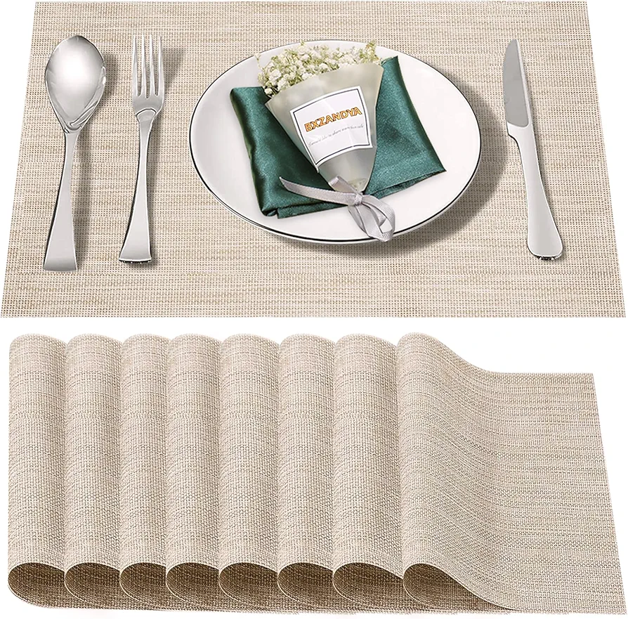 Placemats Set of 8,Washable,Heat and Stain Resistant Indoor/Outdoor Place mats, Vinyl Woven Non Slip Table Mats for Restaurant Table Protection, PVC Table Placemats.(Beige White,8PCS)