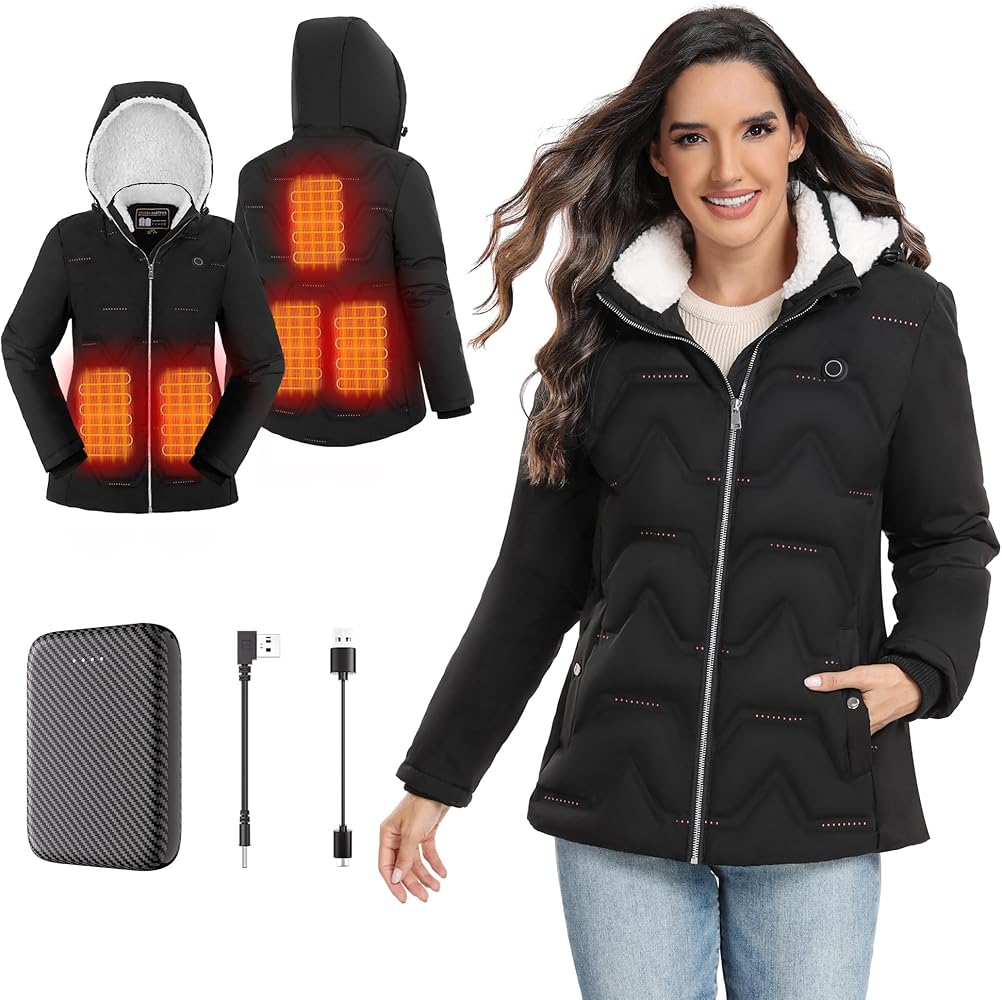 Vofuoti Women's Heated Jacket, Lightweight Heated Coat with Battery Pack and Detachable Hood