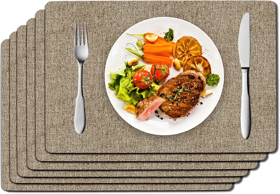 DOLOPL Placemats Set of 6, Brown Faux Leather Heat Resistant Place Mats for Dining Table, Waterproof Oilproof Wipeable Washable Table Mats, Easy to Clean Anti-Slip Tablemats for Kitchen, Party