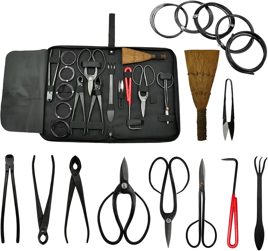 Voilamart 12 Pcs Gardening Bonsai Tool Sets Carbon Steel Garden Plant Trimming Kit Scissor Cutter Shear Heavy Duty Nylon Case Outdoor Entrenching Tools