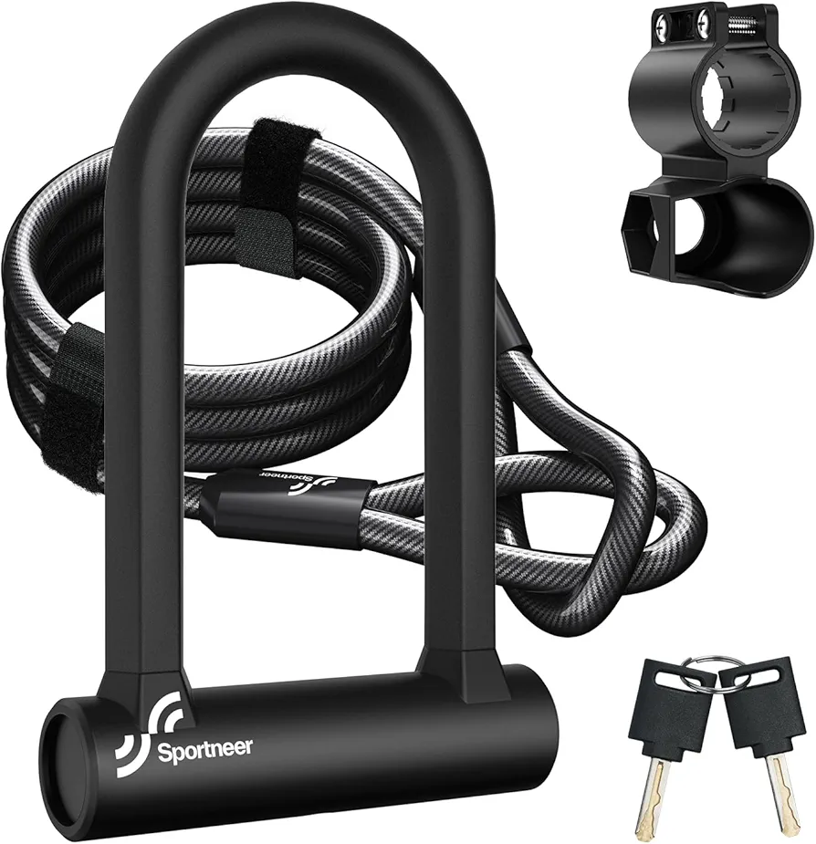 Sportneer Bike Lock: Heavy Duty Anti Theft Bike U Lock with 5ft Security Steel Cable - 17mm Shackle Bicycle U-Locks with Keys & Sturdy Mounting Bracket for Road, Mountain, Electric & Folding Bike