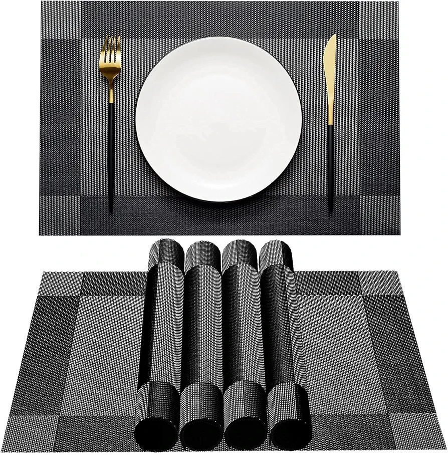 AHHFSMEI Placemats，Placemats Set of 6 for Dining Table Washable Woven Vinyl Non-Slip Placemat Heat-Resistant Durable Table Mats for Dining Table Easy to Clean（Black Corner）