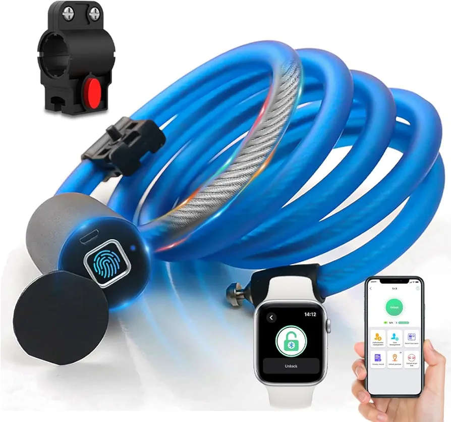 Bike Lock Keyless Combination Cable Lock eLinkSmart: Blue Waterproof Cable Lock 150cm Long Steel for Bicycle Scooter Motorcycle Door Fence Gate - Fingerprint Unlock via Phone App iOS Watch