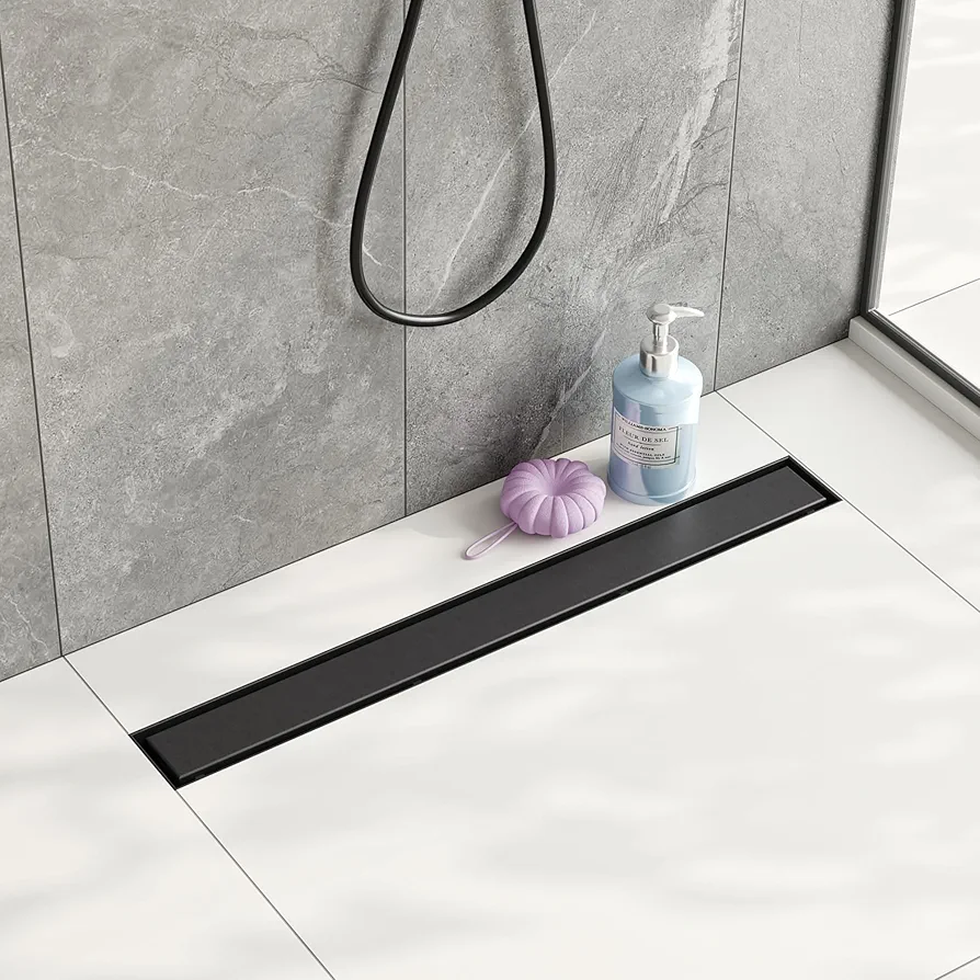 Neodrain 24-Inch Linear Shower Drain,with 2-in-1 Flat & Tile Insert Shiny Black Cover, Rectangle Shower Floor Drain, Floor Shower Drain with Adjustable Leveling Feet, Hair Strainer