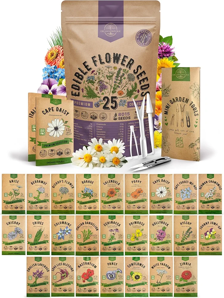 Organo Republic 25 Edible Flower Seeds Variety Pack- Indoor/Outdoor. 8000+ Non-GMO Heirloom: Anise, Hyssop, Nasturtium, Pansy, Echinacea, Lavender, Chives Seeds & More