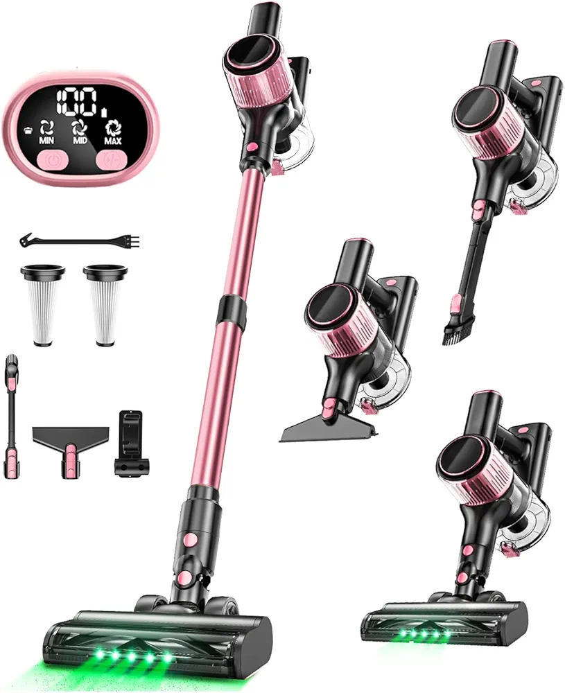 Cordless Vacuum Cleaner, 8 in 1 Powerful Suction Lightweight Vacuum Cleaner for Home, LED Display, 3 Suction Modes, 45Mins Detachable Battery Vacuum for Hard Floor Carpet Pet Hair, Pink