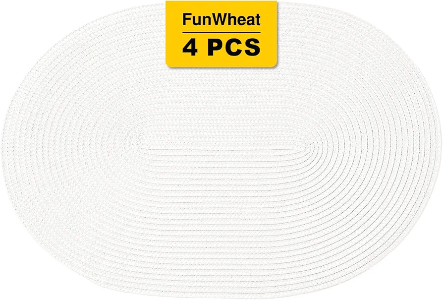 FunWheat Oval Braided Placemats Set of 4 Table Mats for Dining Tables Washable Heat Resistant Place Mats for Indoor Outdoor Use 12 x18 Inch(Oval White, 4pcs)