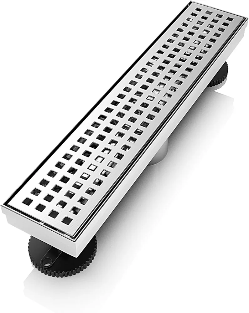 12 Inch Shower Linear Brushed Drain Rectangular Floor Drain with Accessories Square Hole Pattern Cover Grate Removable SUS304 Stainless Steel CUPC Certified Brushed