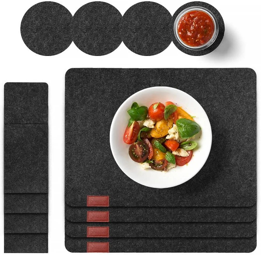 Cotton Placemats Set of 4 Gray Felt Washable Place Mats, Durable Heat Resistant Table Mats - Table Placemats Cutlery Holders, and Coasters (12 Pieces Total)