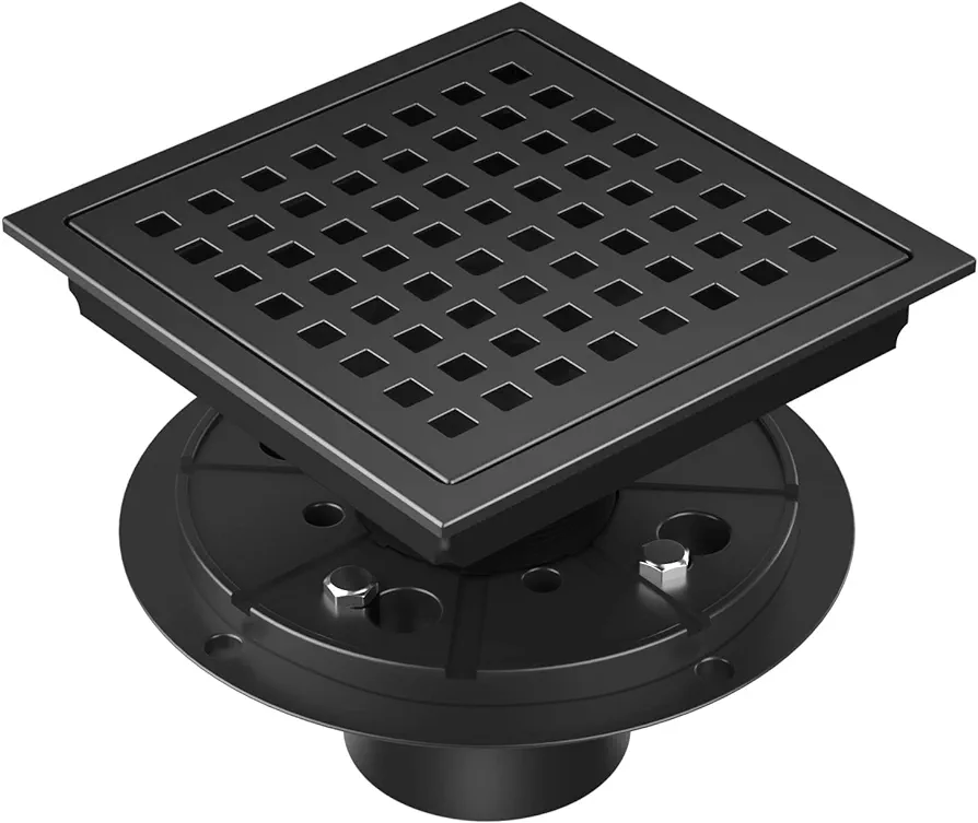 EXF Square Shower Drain 6 Inch Matte Black, Stainless Steel Shower Floor Drain Kit with Flange, Removable Grid Grate, Hair Strainer, Not Fit for Bathtub