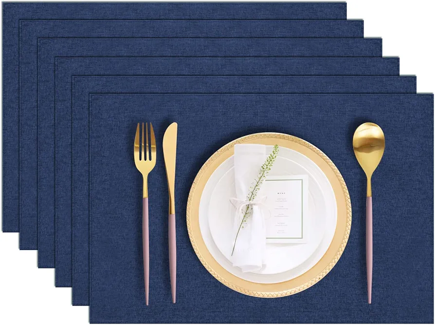 Cloth Placemats Set of 6, Cotton Linen Blend Machine Washable Durable Linen Table Mats, Heat Resistant Placemats Wrinkle Free Place Mats for Dining Table, Easy to Clean (Navy Blue, 6)